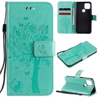 Google Pixel 5 Embossed Tree Cat Butterfly Wallet Stand Case Green