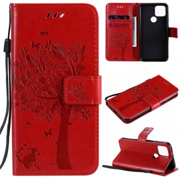 Google Pixel 5 Embossed Tree Cat Butterfly Wallet Stand Case Red