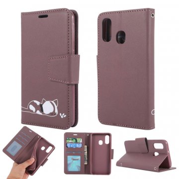 Samsung Galaxy A40 Cat Pattern Wallet Magnetic Stand Case Brown