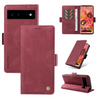 YIKATU Google Pixel 6 Skin-touch Wallet Kickstand Case Wine Red