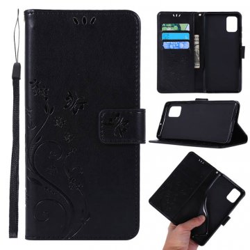 Samsung Galaxy A51 Butterfly Pattern Wallet Magnetic Stand Case Black