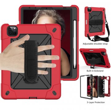 iPad Air 4 10.9 inch 2020 Kickstand Hand strap and Detachable Shoulder Strap Cover Red + Black