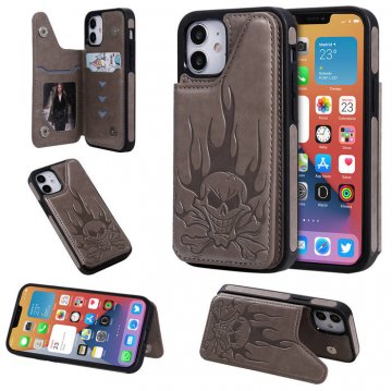 iPhone 12 Embossed Skull Magnetic Clasp Wallet Stand Case Gray