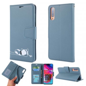 Samsung Galaxy A70 Cat Pattern Wallet Magnetic Stand Case Blue