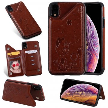 iPhone XR Bee and Cat Embossing Magnetic Card Slots Stand Cover Brown