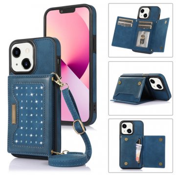 Bling Crossbody Bag Wallet iPhone 14 Plus Case with Lanyard Strap Blue