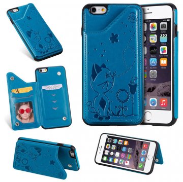 iPhone 6 Plus/6s Plus Bee and Cat Embossing Card Slots Stand Cover Blue