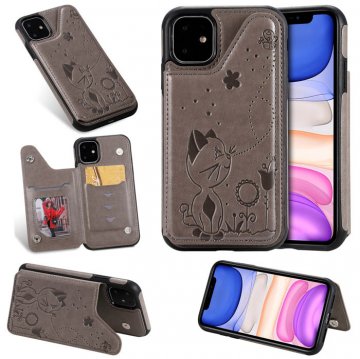 iPhone 11 Bee and Cat Embossing Magnetic Card Slots Cover Gray