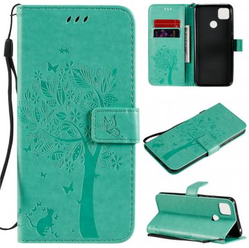 Xiaomi Redmi 9C Embossed Tree Cat Butterfly Wallet Stand Case Green