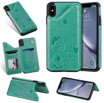iPhone XS Max Bee and Cat Embossing Card Slots Stand Cover Green
