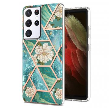 Samsung Galaxy S21 Ultra Flower Pattern Marble Electroplating TPU Case Blue