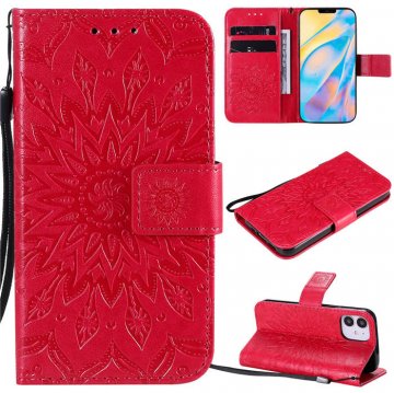 iPhone 12 Mini Embossed Sunflower Wallet Magnetic Stand Case Red