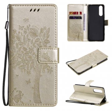 Sony Xperia 5 II Embossed Tree Cat Butterfly Wallet Stand Case Gold