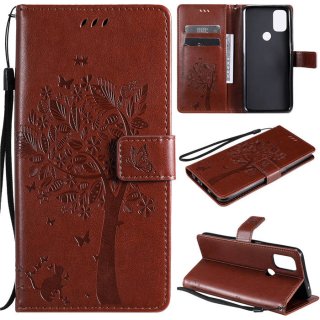 OnePlus Nord N10 5G Embossed Tree Cat Butterfly Wallet Stand Case Brown