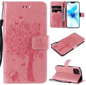 iPhone 12 Pro Embossed Tree Cat Butterfly Wallet Stand Case Pink