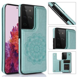 Mandala Embossed Samsung Galaxy S21 Ultra Case with Card Holder Green