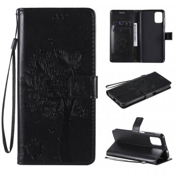 Motorola Moto G9 Plus Embossed Tree Cat Butterfly Wallet Stand Case Black