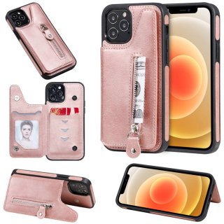 iPhone 12 Pro Zipper Pocket Card Slots Magnetic Clasp Stand Case Rose Gold