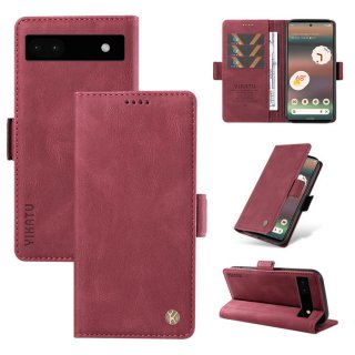 YIKATU Google Pixel 6A Skin-touch Wallet Kickstand Case Wine Red