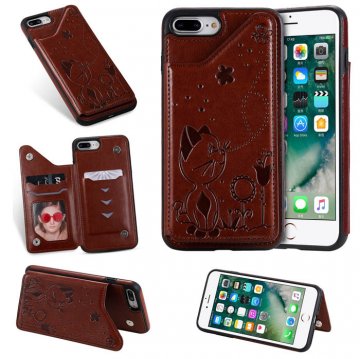 iPhone 7 Plus/8 Plus Bee and Cat Embossing Card Slots Stand Cover Brown