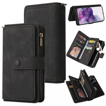 For Samsung Galaxy S20 Wallet 15 Card Slots Case with Wrist Strap Black