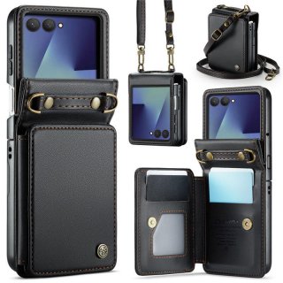 CaseMe Samsung Galaxy Z Flip7 Wallet Case with Card Holder, Crossbody Strap & RFID Blocking Black