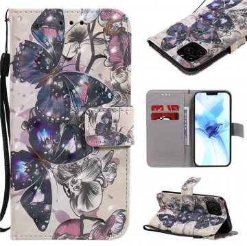 iPhone 12 Pro Black Butterfly Painted Wallet Magnetic Kickstand Case