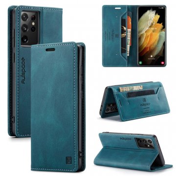 Autspace Samsung Galaxy S21 Ultra Wallet Kickstand Magnetic Shockproof Case Blue