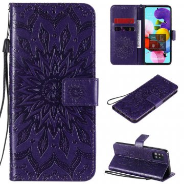 Samsung Galaxy A51 5G Embossed Sunflower Wallet Stand Case Purple
