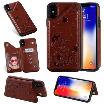iPhone X Bee and Cat Embossing Magnetic Card Slots Stand Cover Brown