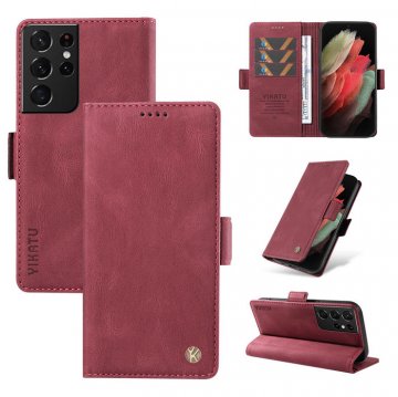 YIKATU Samsung Galaxy S21 Ultra Skin-touch Wallet Kickstand Case Wine Red