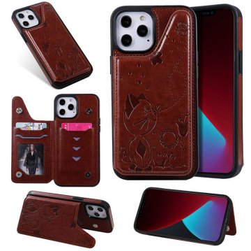 iPhone 12 Pro Max Luxury Bee and Cat Magnetic Card Slots Stand Cover Brown