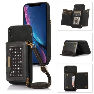 Bling Crossbody Bag Wallet iPhone XR Case with Lanyard Strap Black