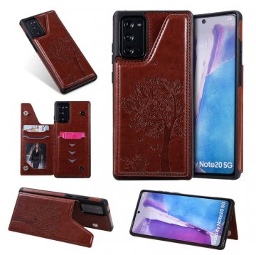 Samsung Galaxy Note 20 Embossed Tree Cat Magnetic Clasp Wallet Stand Case Brown