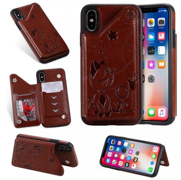iPhone XS Bee and Cat Embossing Card Slots Stand Cover Brown