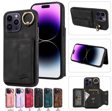 For iPhone 14 Pro Card Holder Ring Kickstand PU Leather Case Black