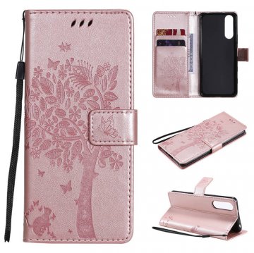 Sony Xperia 5 II Embossed Tree Cat Butterfly Wallet Stand Case Rose Gold
