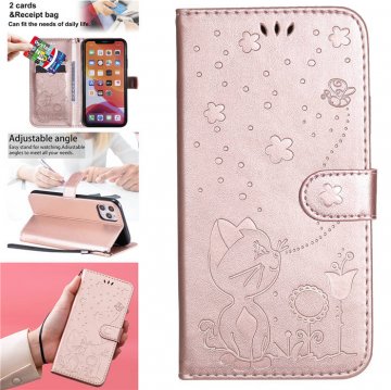 iPhone 11 Pro Max Embossed Cat Bee Wallet Magnetic Stand Case Rose Gold