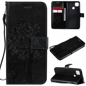 Xiaomi Redmi 9C Embossed Tree Cat Butterfly Wallet Stand Case Black