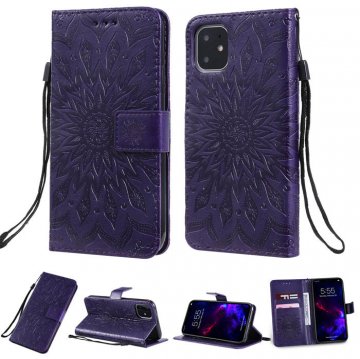 iPhone 11 Embossed Sunflower Wallet Stand Case Purple