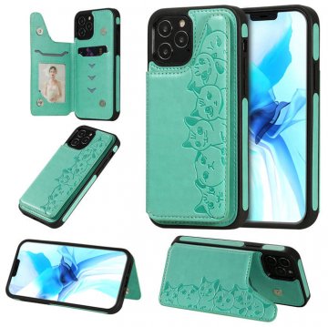 iPhone 12 Pro Luxury Cute Cats Magnetic Card Slots Stand Case Green