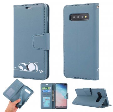 Samsung Galaxy S10 Plus Cat Pattern Wallet Stand Case Blue