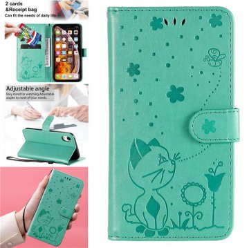 iPhone XR Embossed Cat Bee Wallet Magnetic Stand Case Green