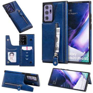 Samsung Galaxy Note 20 Zipper Pocket Card Slots Magnetic Clasp Stand Case Blue