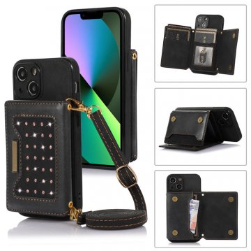 Bling Crossbody Bag Wallet iPhone 13 Mini Case with Lanyard Strap Black