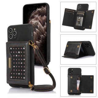 Bling Crossbody Bag Wallet iPhone 11 Pro Case with Lanyard Strap Black
