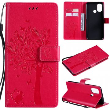OnePlus Nord N100 Embossed Tree Cat Butterfly Wallet Stand Case Rose