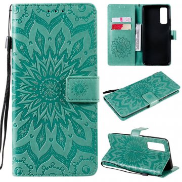 Huawei P Smart 2021 Embossed Sunflower Wallet Magnetic Stand Case Green