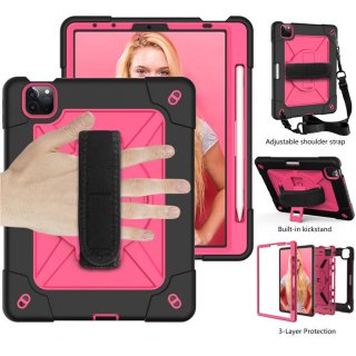 iPad Air 4 10.9 inch 2020 Kickstand Hand strap and Detachable Shoulder Strap Cover Black + Rose