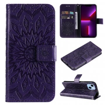 Embossed Sunflower iPhone 14 Wallet Magnetic Case Purple